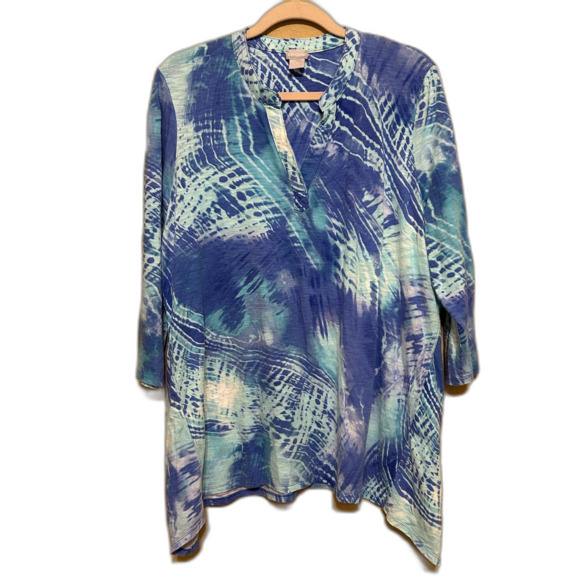 Chico's Tie Dyed Sharkbite Hem Tunic Top Womens Size 3 US XL Blue Boho Beachy - Picture 1 of 8